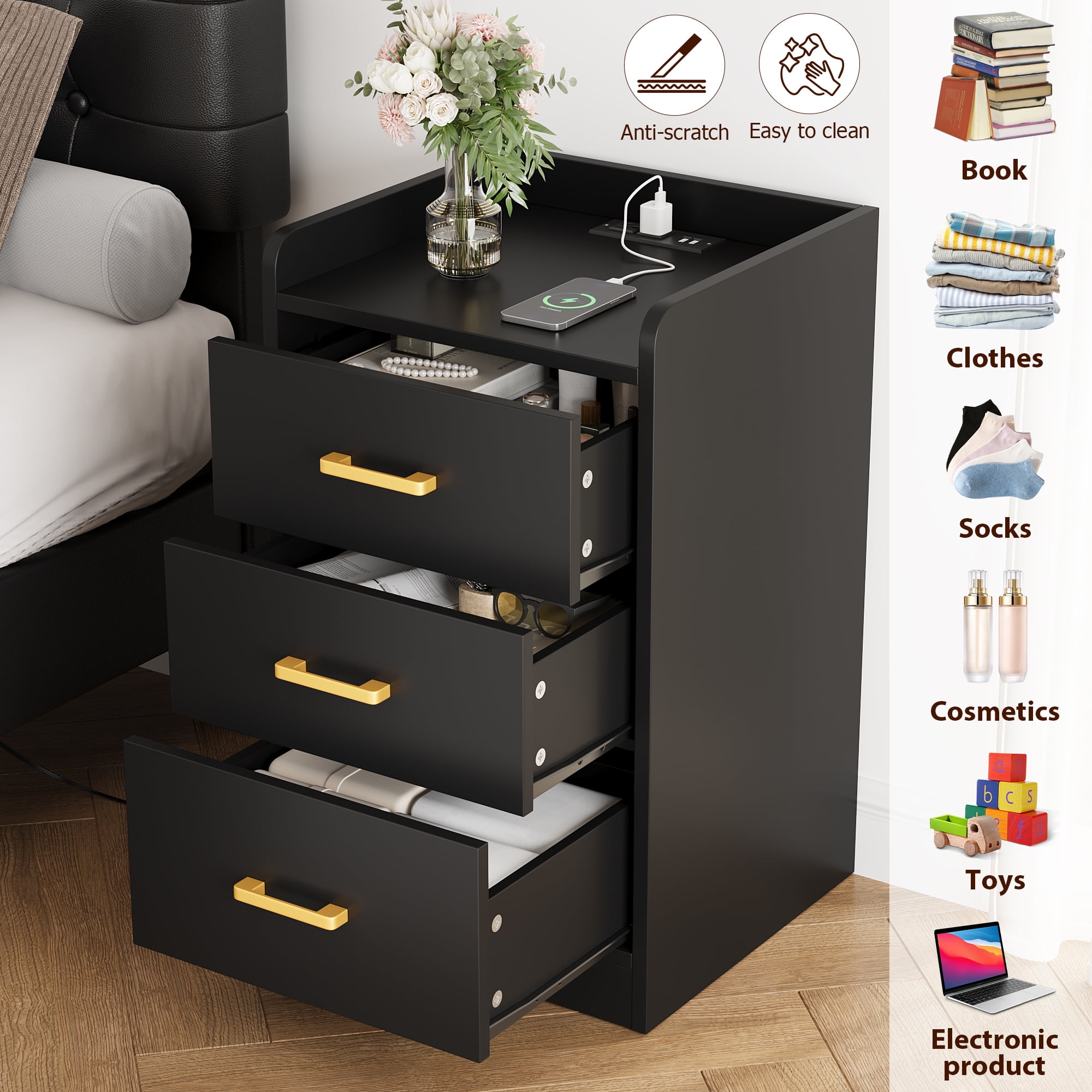 Homfa Nightstand with Charging Station, 3 Drawers Nightstand for Bedroom, Modern Storage Cabinet for Living Room, Black