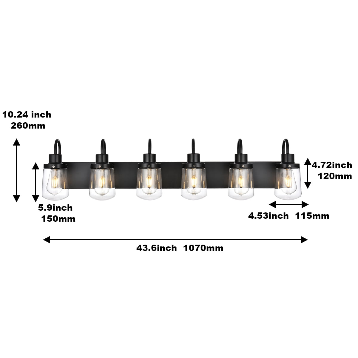 Melucee Bathroom Lights Over Mirror, Black Vanity Light Fixtures with 6 Clear Glass Globe Shades for Hallway Kitchen Living Room