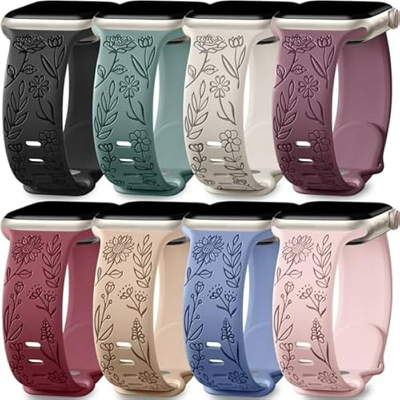 1997 8 Pack Bands for Women Compatible with Apple Watch 41mm iWatch Series 11 10 9 8 7 6 5 4 3 Ultra SE 3 SE 2nd, Soft Silicone Floral Engraved Dressy Wrist Straps