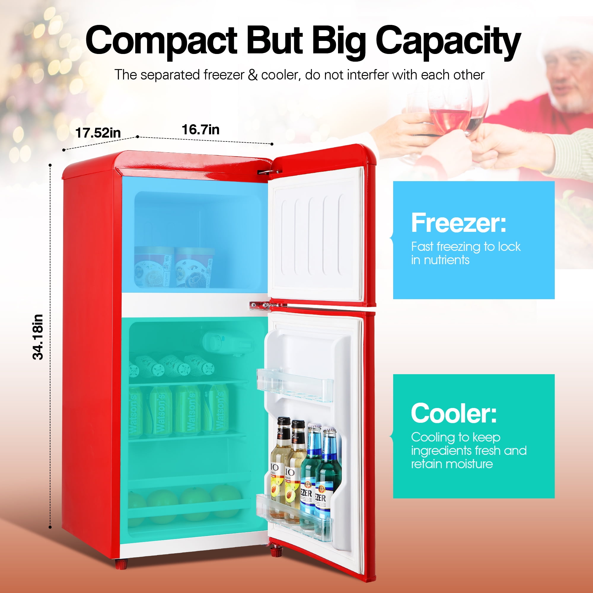 GGTB 3.2 cu.ft Retro Mini Fridge with Freezer, Double Door Compact Refrigerator, 7 Temperature Settings, Removable Shelves, Red for Dorm/Office/Apartment/Home