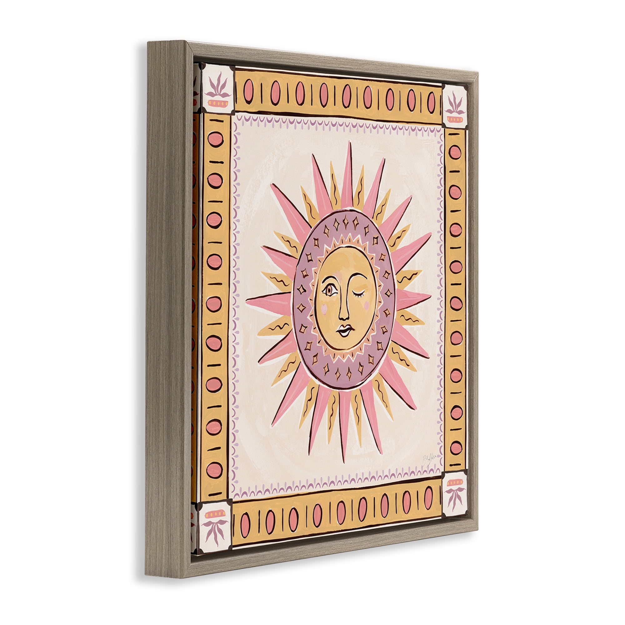Stupell Industries Pastel Winking Sun with Border Brown Framed Floater Canvas Wall Art, design by Two If By Sea Studios