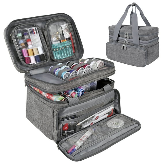 SINGER Double-Layer Sewing Accessories Organizer Bag with Detachable Pouches, Gray