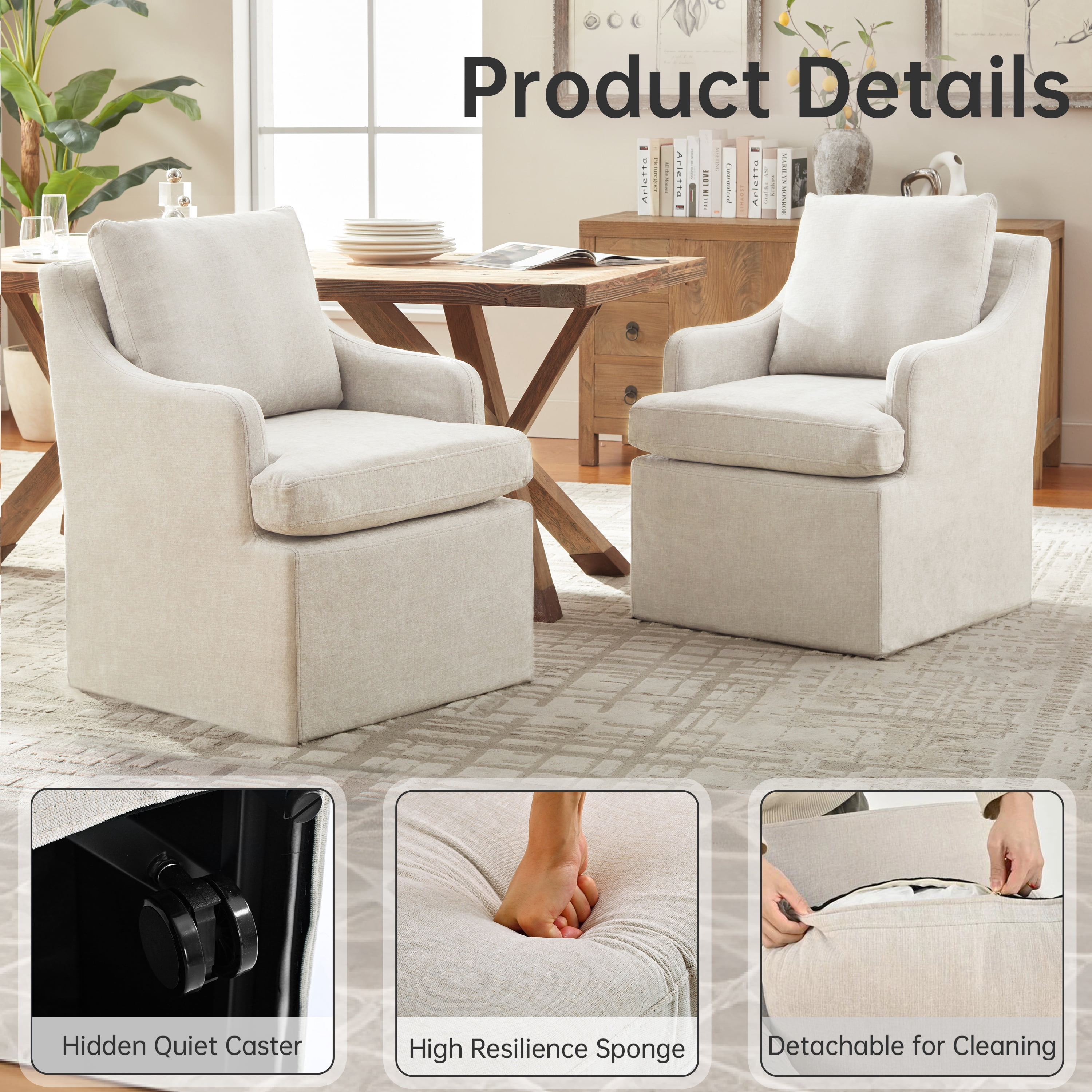 Vknow Furniture Minimalist Upholstered Dining Chairs Set of 2 Ergonomic Comfort Dining Arm Chairs for Dining Room, Living Room, Office,Cream