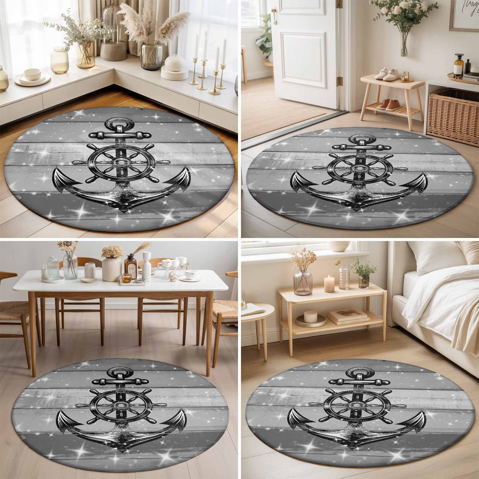 Small Round Rug 3Ft, Nautical Anchor Non-Slip Washable Circle Rugs Carpet, Rudder Stars Retro Black Grey Wooden Grain Indoor Outdoor Rug Floor Mats Throw Runner for Bedroom Living Room Bathroom