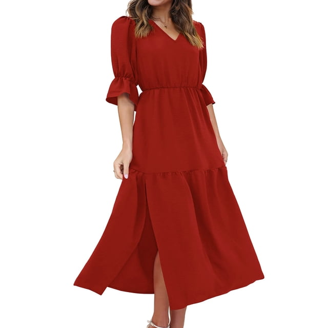 Fankiway Robe Longue Fendue à Manches Mi-Longues Col en V Ample Unie Robes pour Femmes Grande Taille Liquidation Robes d'Été pour Femmes Manches Courtes