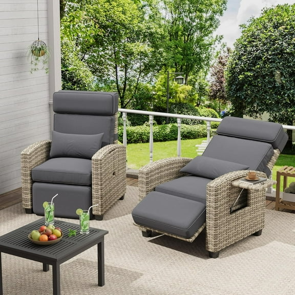 GAOMON Outdoor Reclining Chairs, Reclining Patio Chairs with Extended Footrest, Adjustable Rattan Patio Lounge with Flip-Up Table, Air Pump 150° Lay Flat Reclining Chair, Light-Grey