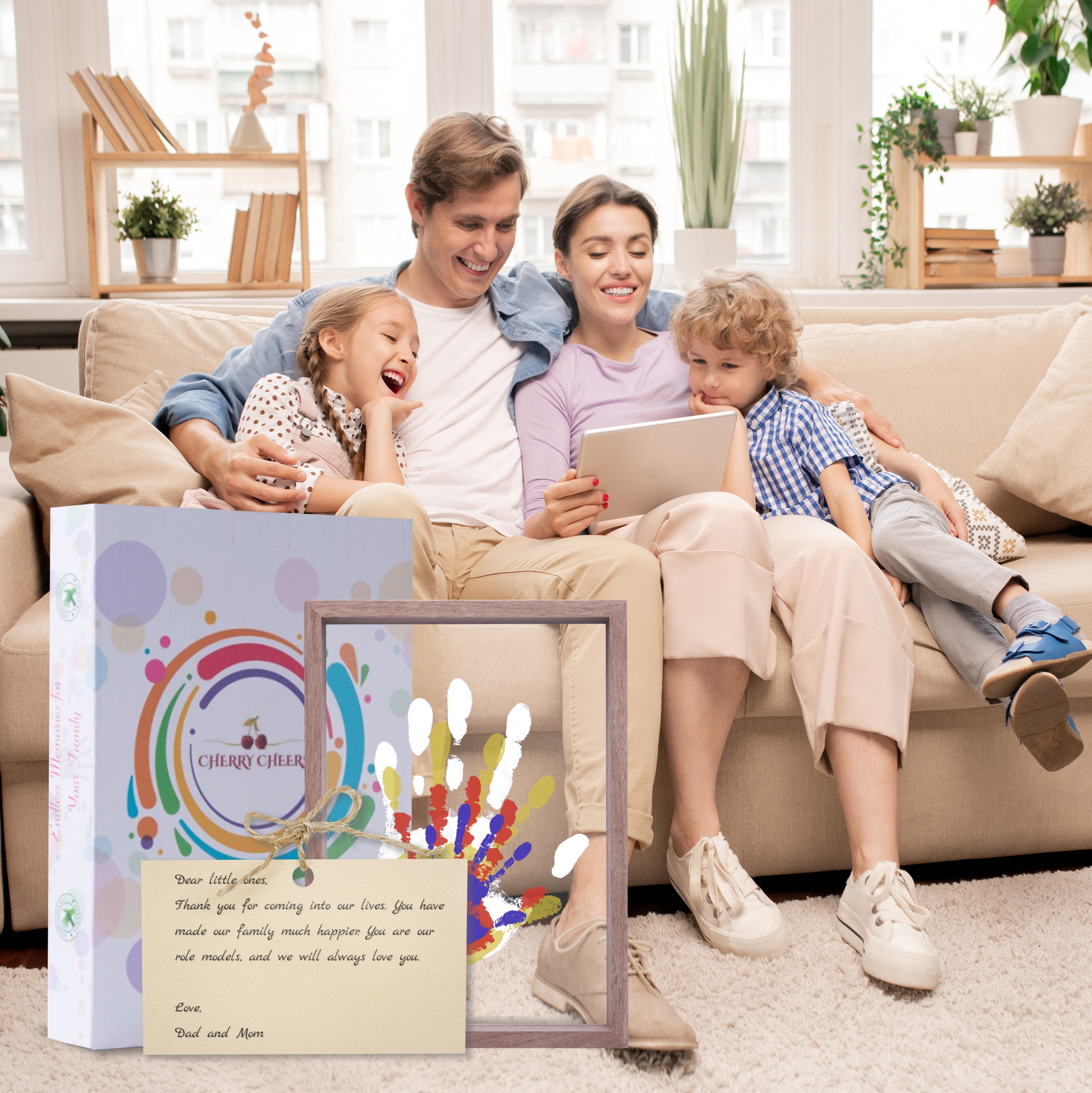 Family Handprint Kit, DIY Craft Keepsake Wood Frame, Endless Gift Set, 4 Transparent Sheets - Brown
