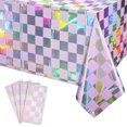 thumbnail image 1 of Paquete de 4 manteles de plástico iridiscentes de color rosa intenso, manteles rectangulares con láser, manteles de papel de aluminio holográfico, decoraciones iridiscentes para fiestas, cumpleaños,, 1 of 5