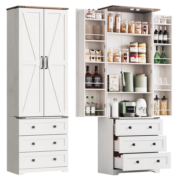 White brown Farmhouse Kitchen Pantry Cabinet - 72" Tall Large Wood Kitchen Storage Cabinets with Adjustable Shelves & 2 Barn Doors & 3 Drawer, Versatile Storage for Dining Room, Bathroom