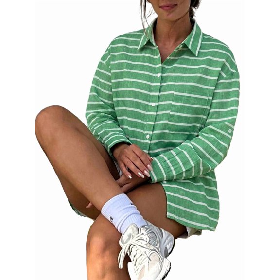 Oversized Button Down Shirts for Women Shirt Long Sleeve Collared Blouses with Pocket Beach Outfit Green S