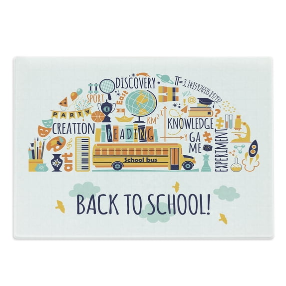 School Bus Cutting Board, Creation Discovery Knowledge Experiment Art Reading Sport Doodle with Typography, Decorative Tempered Glass Cutting and Serving Board, in 3 Sizes, by Ambesonne