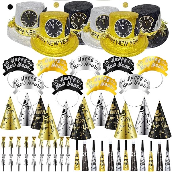 wonima44 48pcs 2026 New Years Eve Party Supplies,Happy New Year Decorations 2026 Pack include 6 Top Hats,9 Headband Tiara,33 Noiese Makers,Horns Fringed Blowers