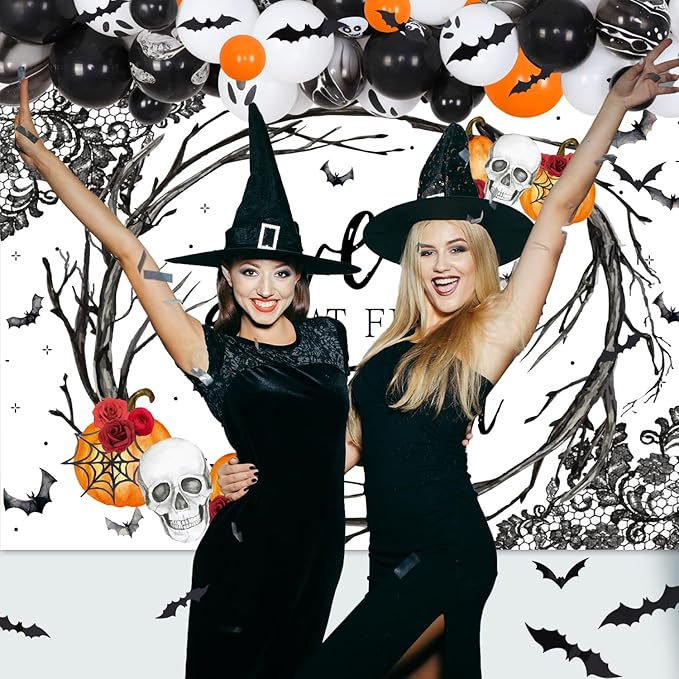 91Pcs Halloween Bachelorette Party Decorations Love at First Fright Backdrop Orange Balloon Garland Arch Kit 3D Bat Wall Stickers for Halloween Engagement Wedding Bachelorette Party Decor Supplies