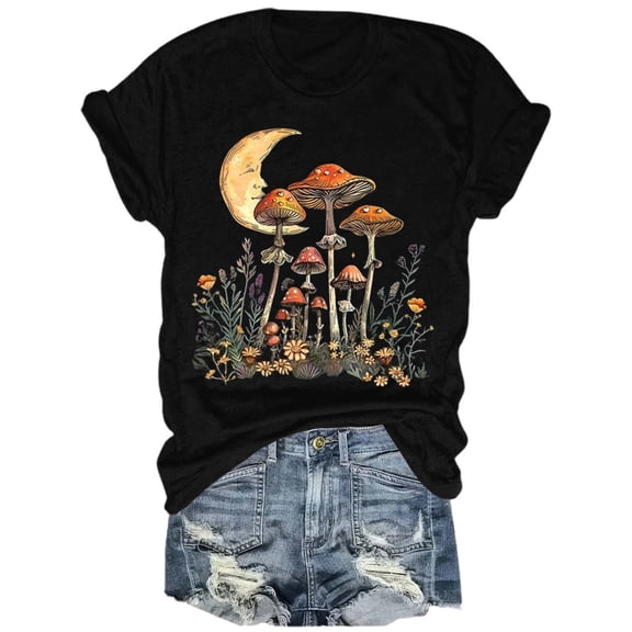 Womens Graphic T-shirts Short Sleeve Crewneck Tshirts Moon Mushroom Print Casual Summer Novelty Tops Black L