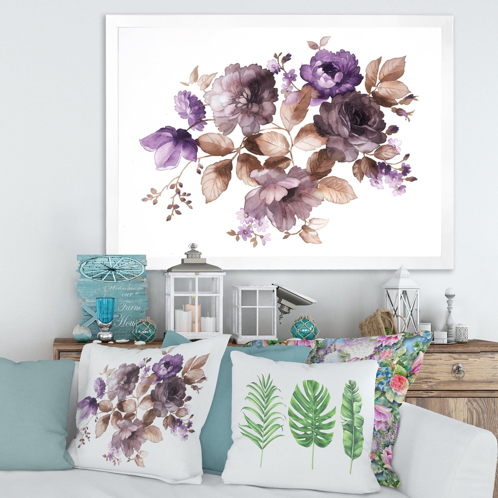 Designart 'Purple Retro Flowers With Brown Leaves On White' Traditional Framed Art Print