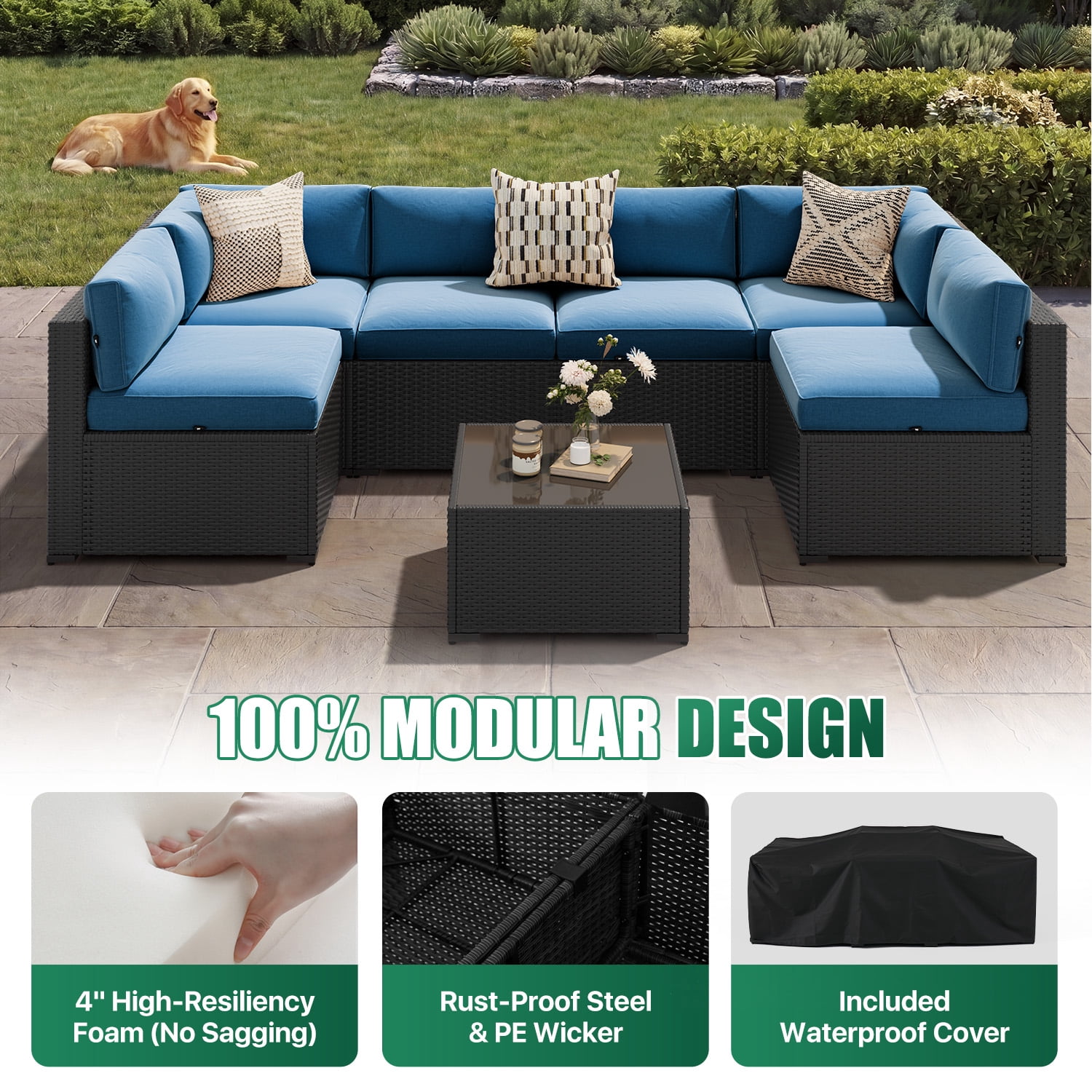 LazySunsets 7-Piece Outdoor Patio Furniture Set, Wicker Rattan Sectional Sofa Conversation Sets, Peacock Blue