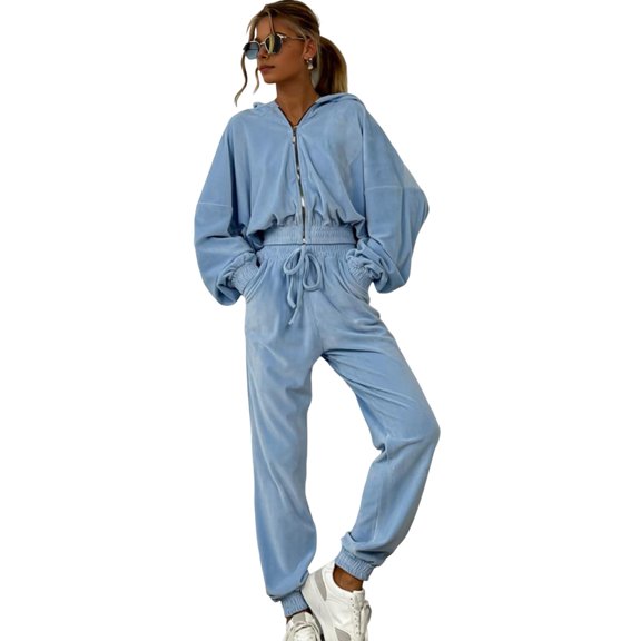 2 Pcs/Set Women Coat Pants Suit Hooded Zip-up Long Sleeve Short Top Elastic Hem And Waist Ankle-banded Pockets Trousers Winter Daily Wear Tracksuit