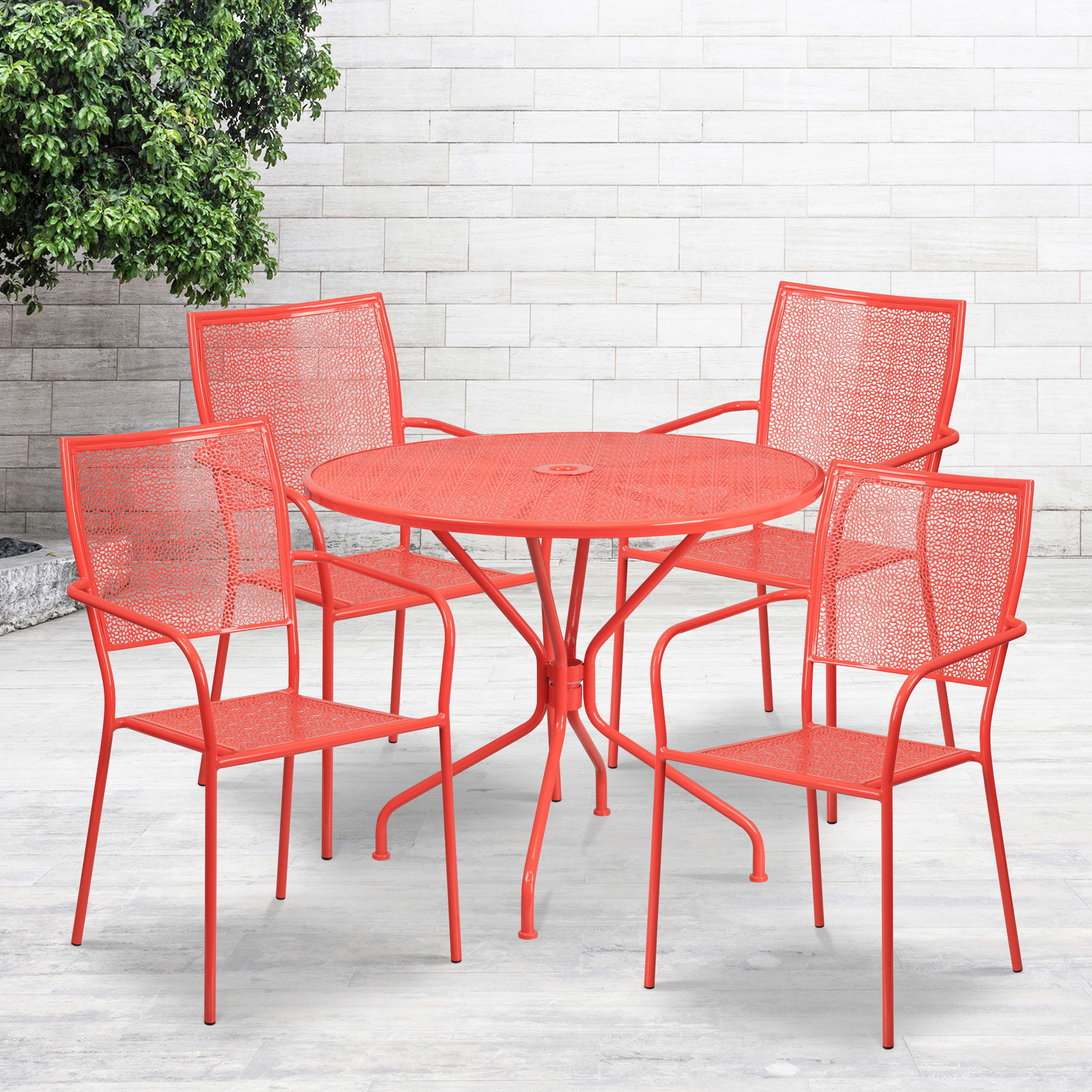 Flash Furniture Commercial Grade 35 25 Round C Indoor Outdoor Steel Patio Table Set With 4 Square Back Chairs Co 35rd 02chr4 Red Gg Com - Indoor Outdoor Patio Set