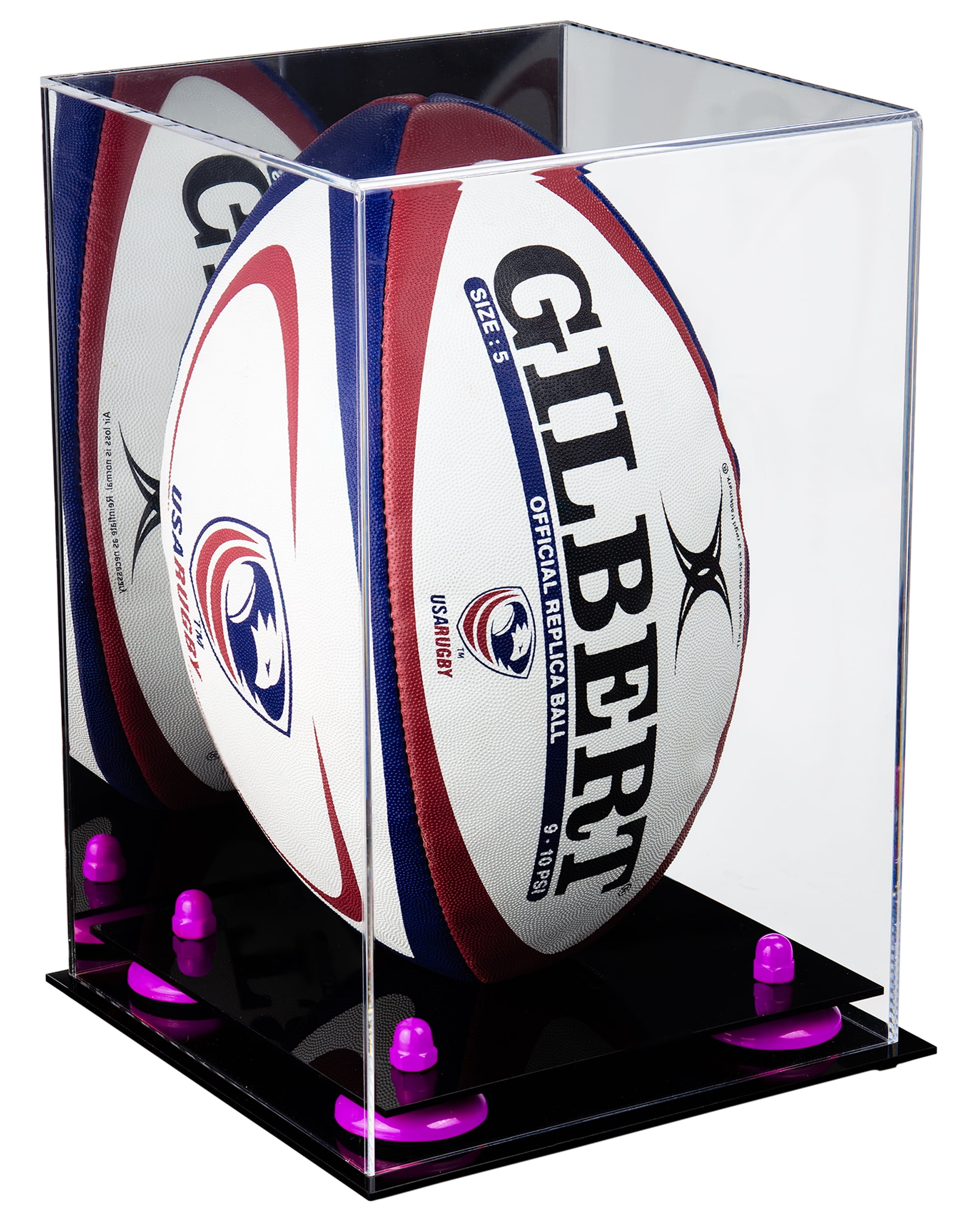 Deluxe Acrylic Rugby Ball Display Case with Mirror and Purple Risers