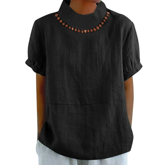 Cotton Linen Shirts for Women Summer Short Sleeve Casual Mock Neck Work Blouse Tunic Tops
