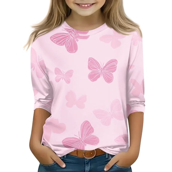 Abcomgle Girls Summer Tshirts 4-16 Summer 3/4 Sleeve Toddler T-Shirt Butterfly Graphic Girls Shirts Cute Crewneck Cotton Tops