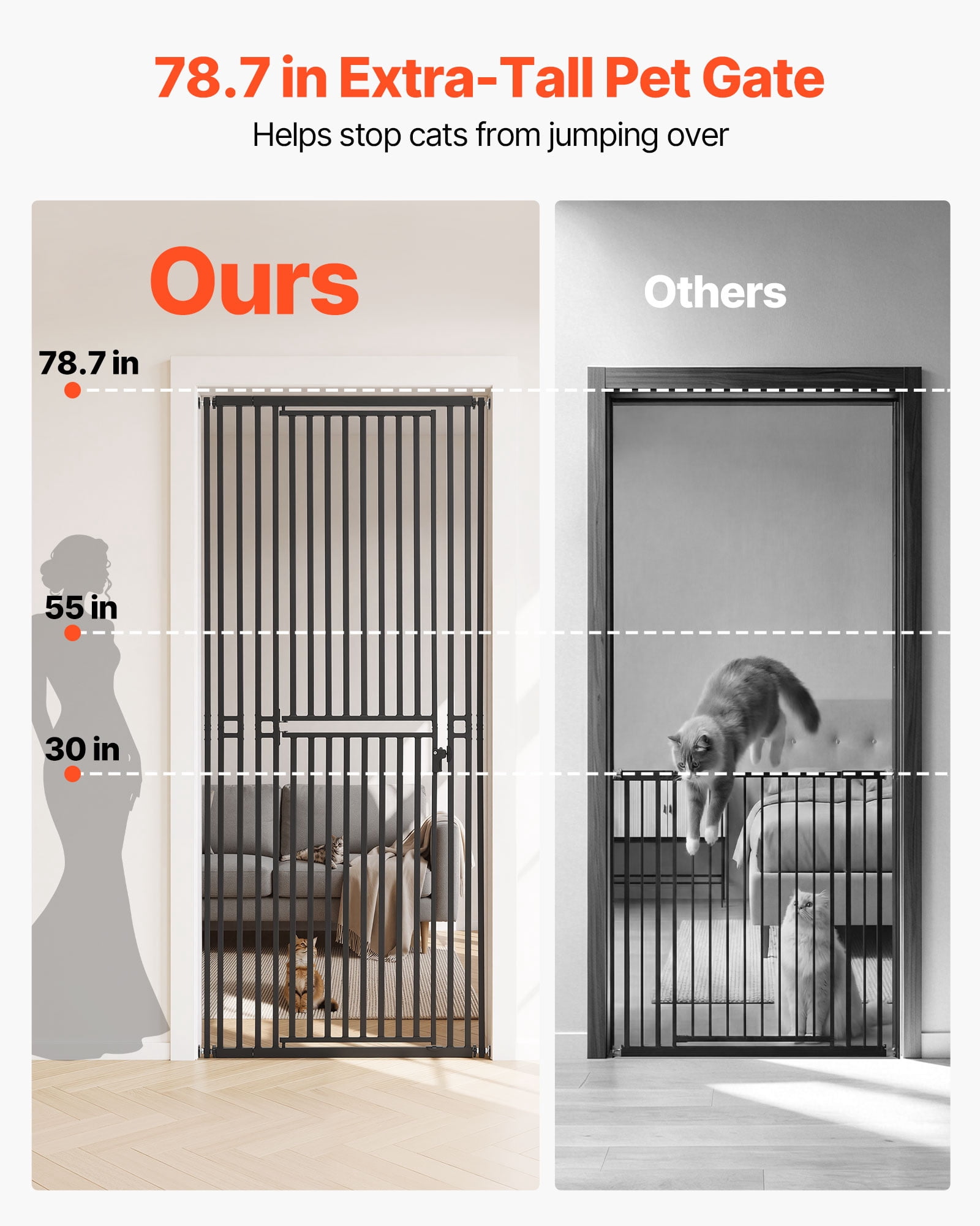 VEVOR Extra Tall Pet Gate for Cats, 28-34 in Adjustable Width, 78.7 in High Dog Gate, with Pressure Mount Kit and Wall Mount Kit, 1.2 in Narrow Bar Spacing, for Stairs, Doorways, and House, White
