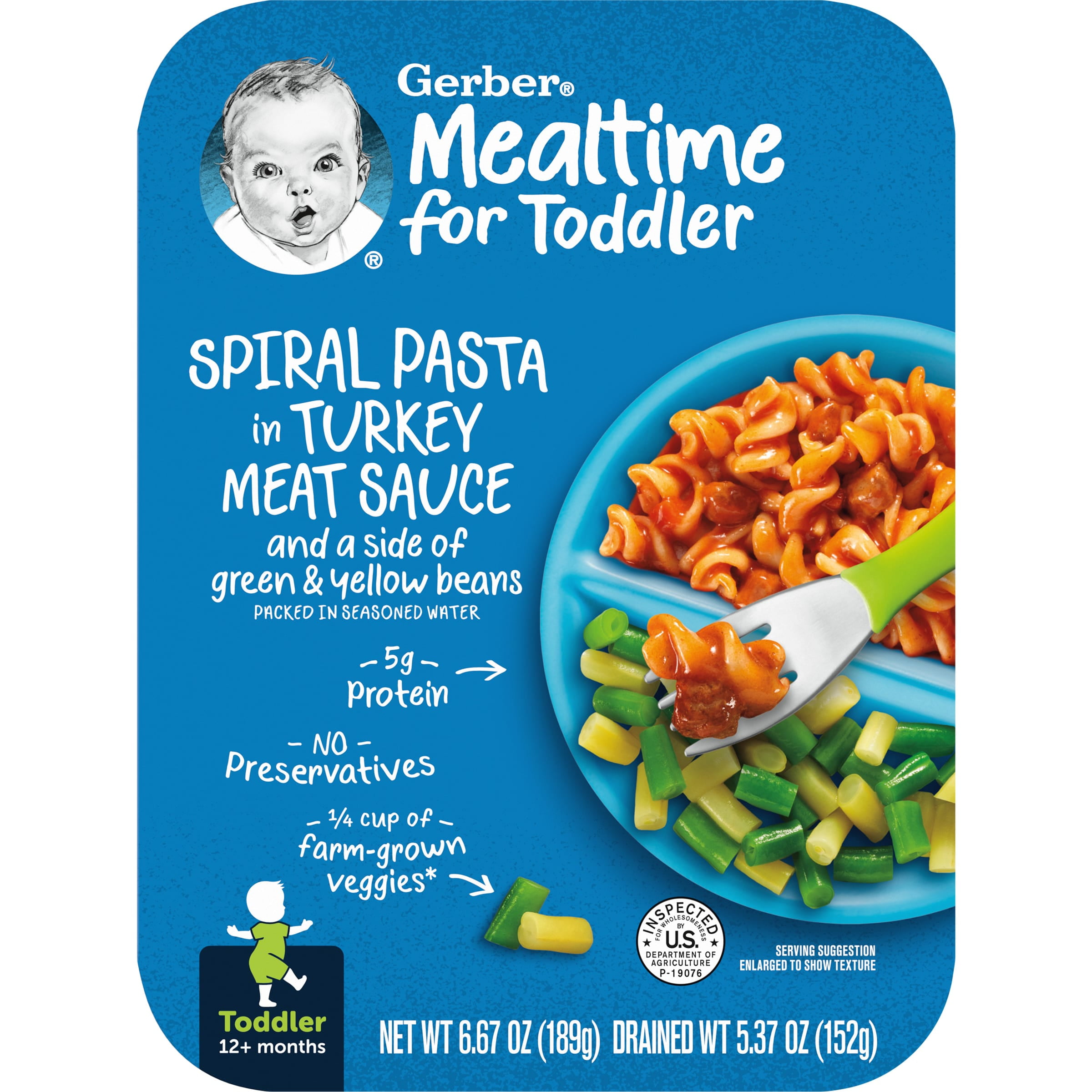 Gerber Mealtime for Toddler, Spiral Pasta in Turkey Meat Sauce with Green and Yellow Beans Toddler Food, 6.67 oz Tray