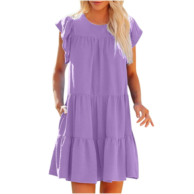 Womens O-Neck Ruffle Short Sleeve Dress Pleated Babydoll Mini Dress with  Pockets Solid Color Baggy Winter Loung Dresses 