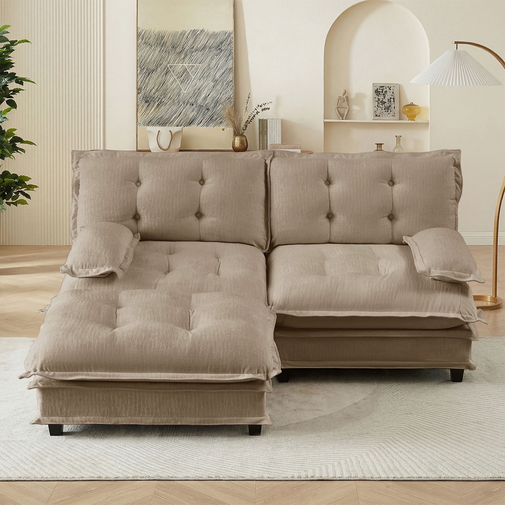 MAYEERTY 77 Inch L-Shaped Sectional Sofa with Ottoman, Chenille 2-Seat Modular Couch, Solid Wood & Metal Frame for Living Room Bedroom Apartment