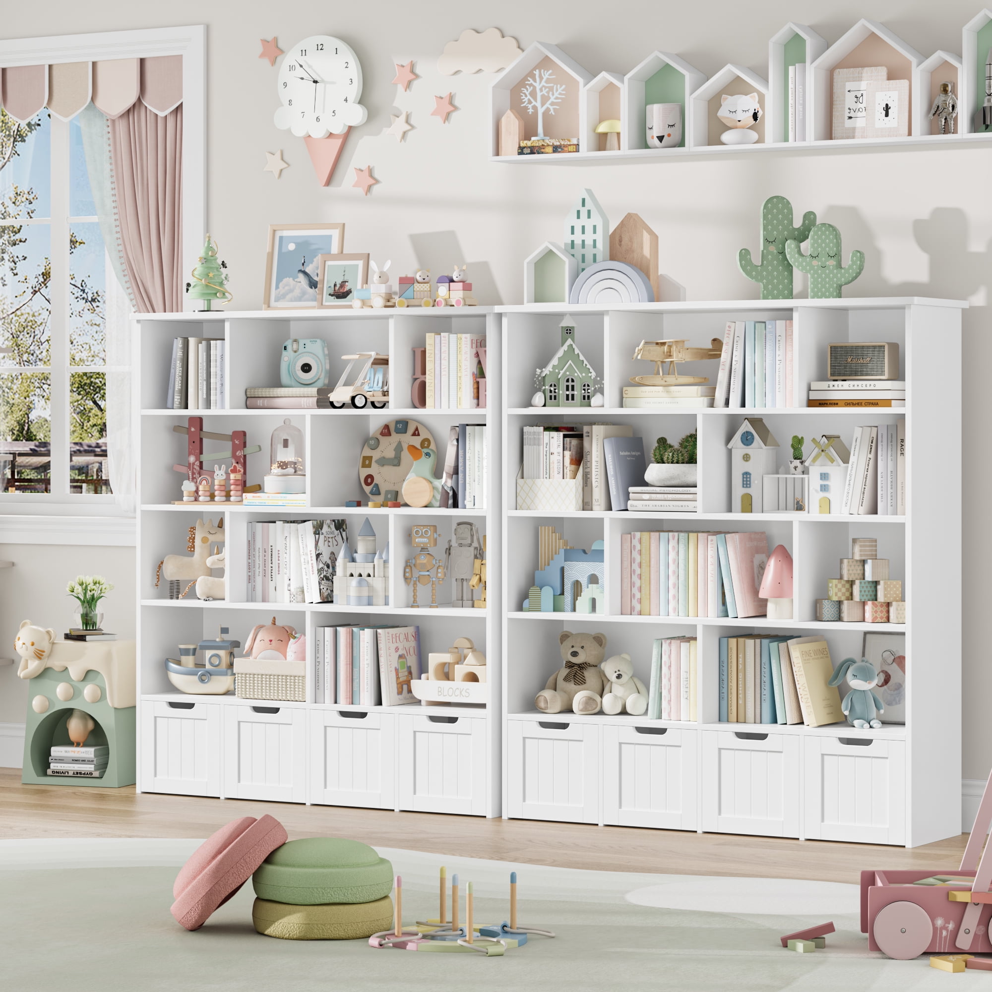 Homfa 10 Cube Toy Storage Organizer, 57.5" Tall Bookcase with 4 Removable Drawers,Bookshelf for Kids Room Living Room, White