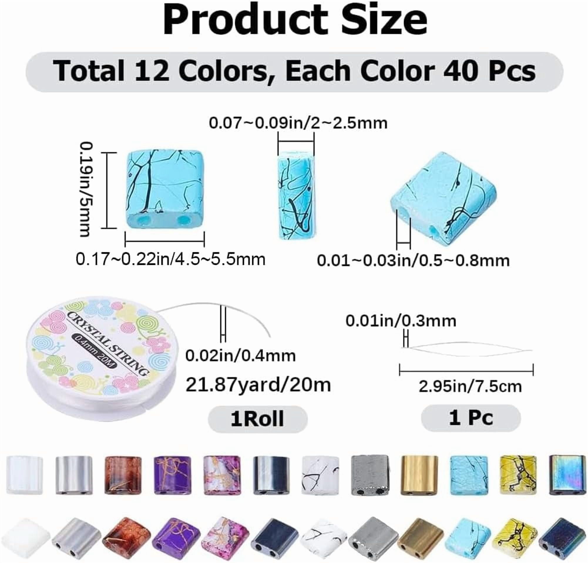 1 set DIY Tile Bracelet Making Kit Including 2-Hole Rectangle Glass Seed Beads Big Eye Beading Needles Elastic Thread Mixed color Beads: 5x4.5~x2~2.5mm Hole: 0.5~0.8mm 480pcs/set