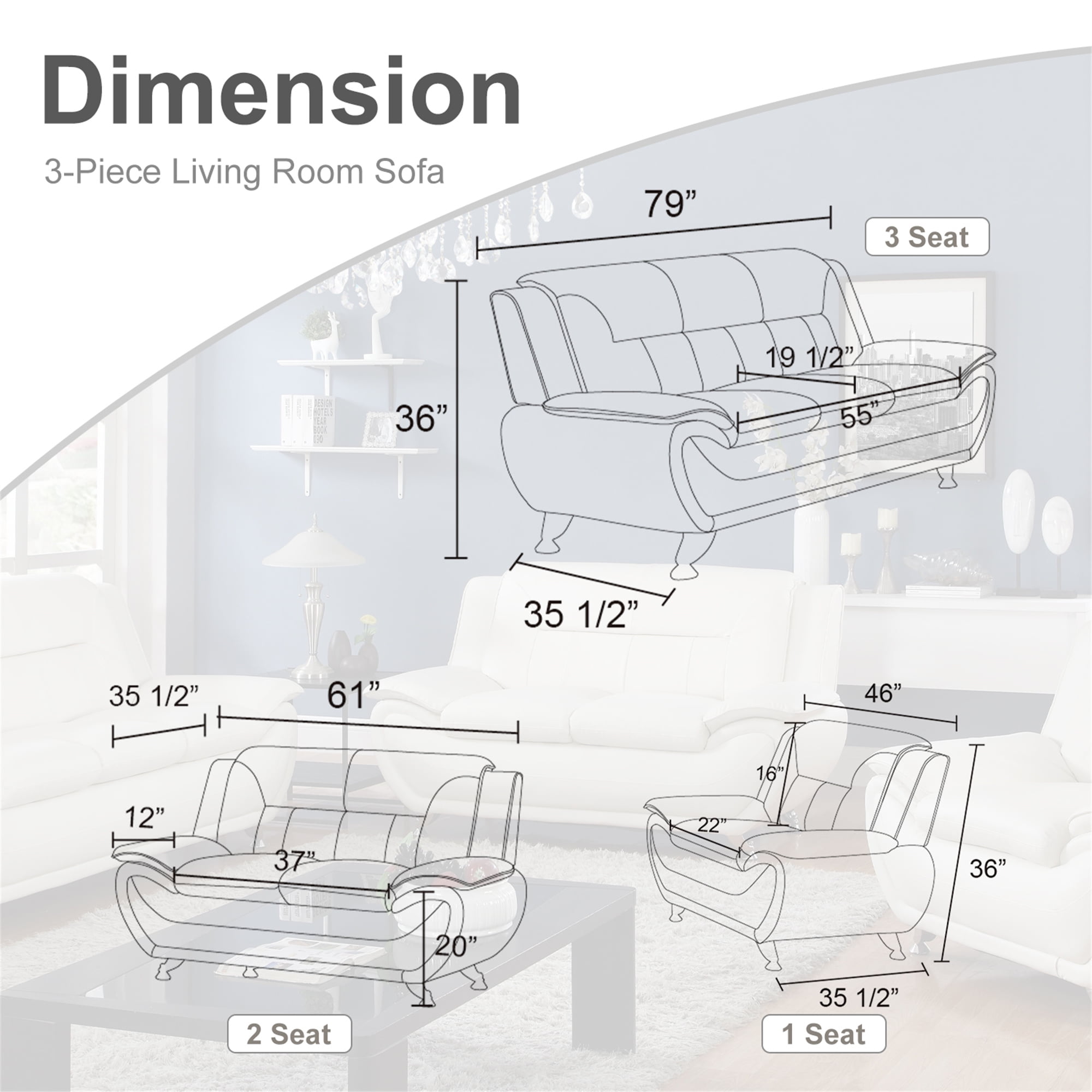 Aukfa 3 Piece Sofa Set - 61" Wide Upholstered Loveseat Couch for Living Room Bedroom, Leather, White