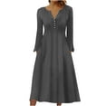 thumbnail image 2 of Up to 60% Off! pstuiky Dresses for Women, Women Button Flower Print Pleated Dress Long Sleeve V-Neck Dress Mid-Calf Dress with Pocket Leisure Black S, 2 of 5