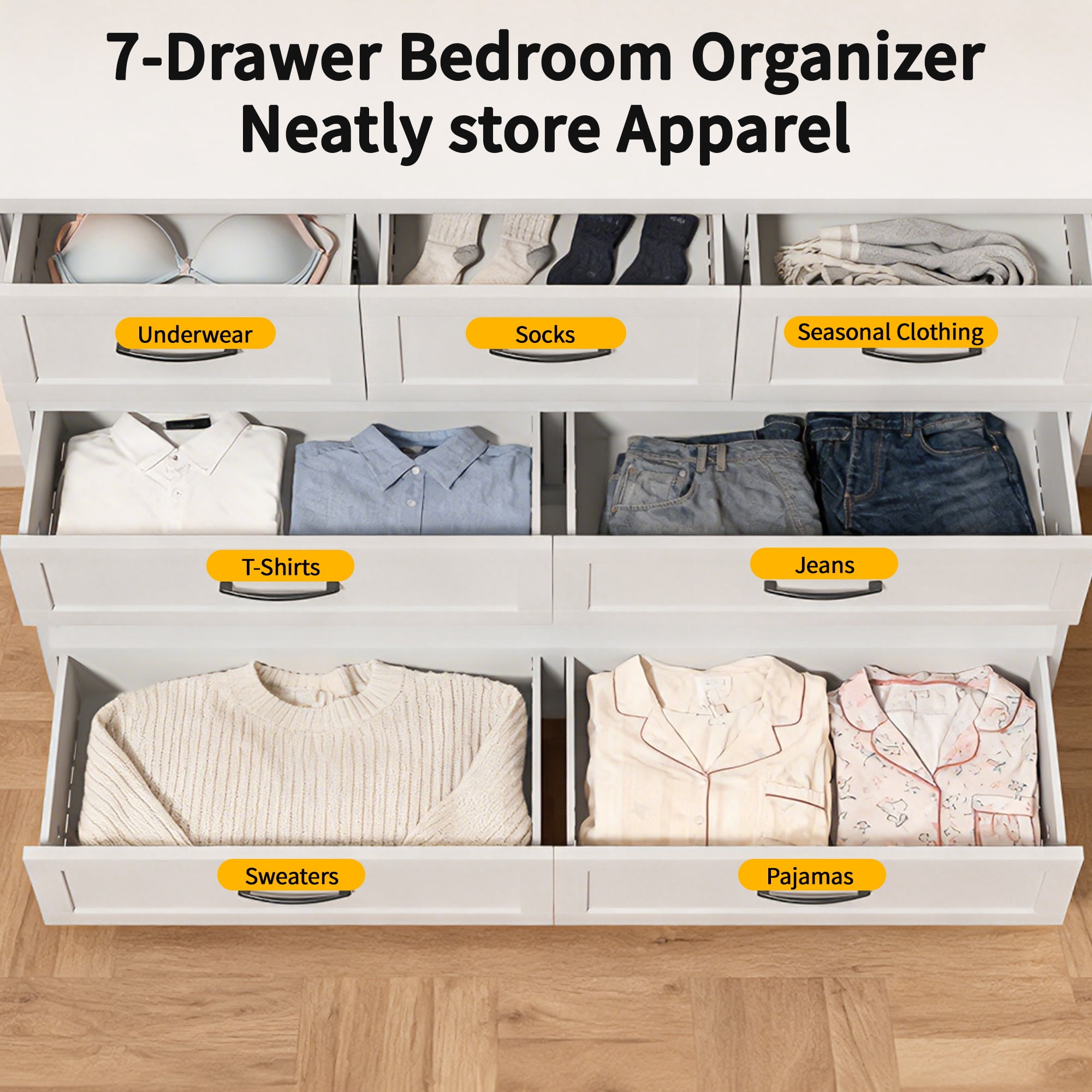 ShiKeyi 7 Drawer Dresser for Bedroom, Modern Metal Wide Storage Chest with Metal Handles and Legs, White