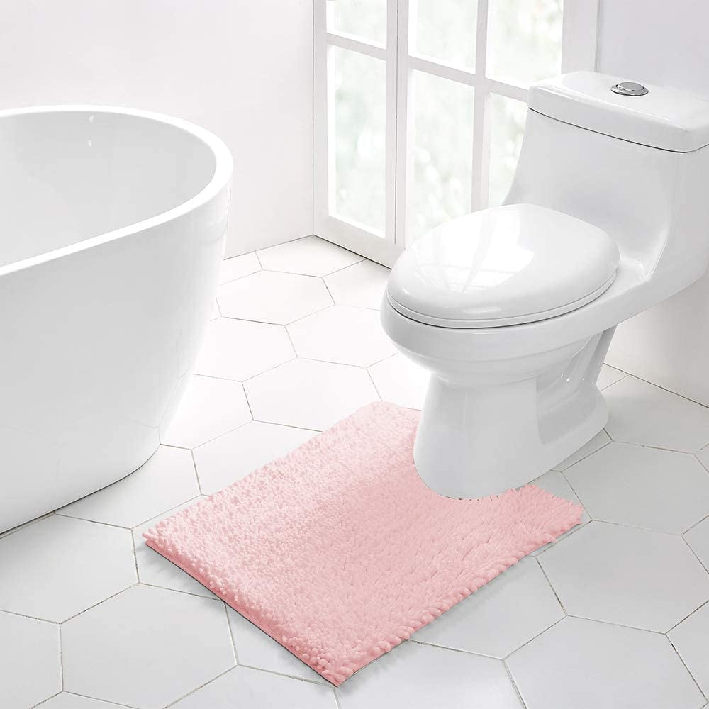 Walensee NonSlip Bathroom Contour Rugs Chenille Soft Striped Plush Bath Mat, 20" x 24", Blush