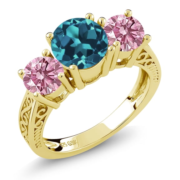 Gem Stone King 18K Yellow Gold Plated Silver London Blue Topaz and Pink Lab Grown Diamond Engagement Ring for Women | 2.70 Cttw | Round 7MM | Gemstone November Birthstone | Size 7