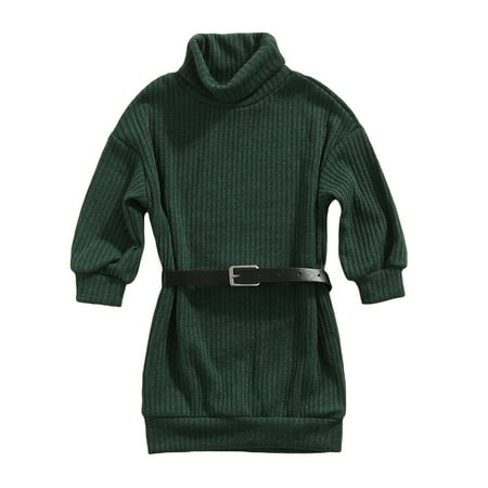 

Canrulo Kids Baby Girls Casual Dress Knitted High-Neck Long Sleeve Turtleneck Dress with Waist Belt Green 2-3 Years