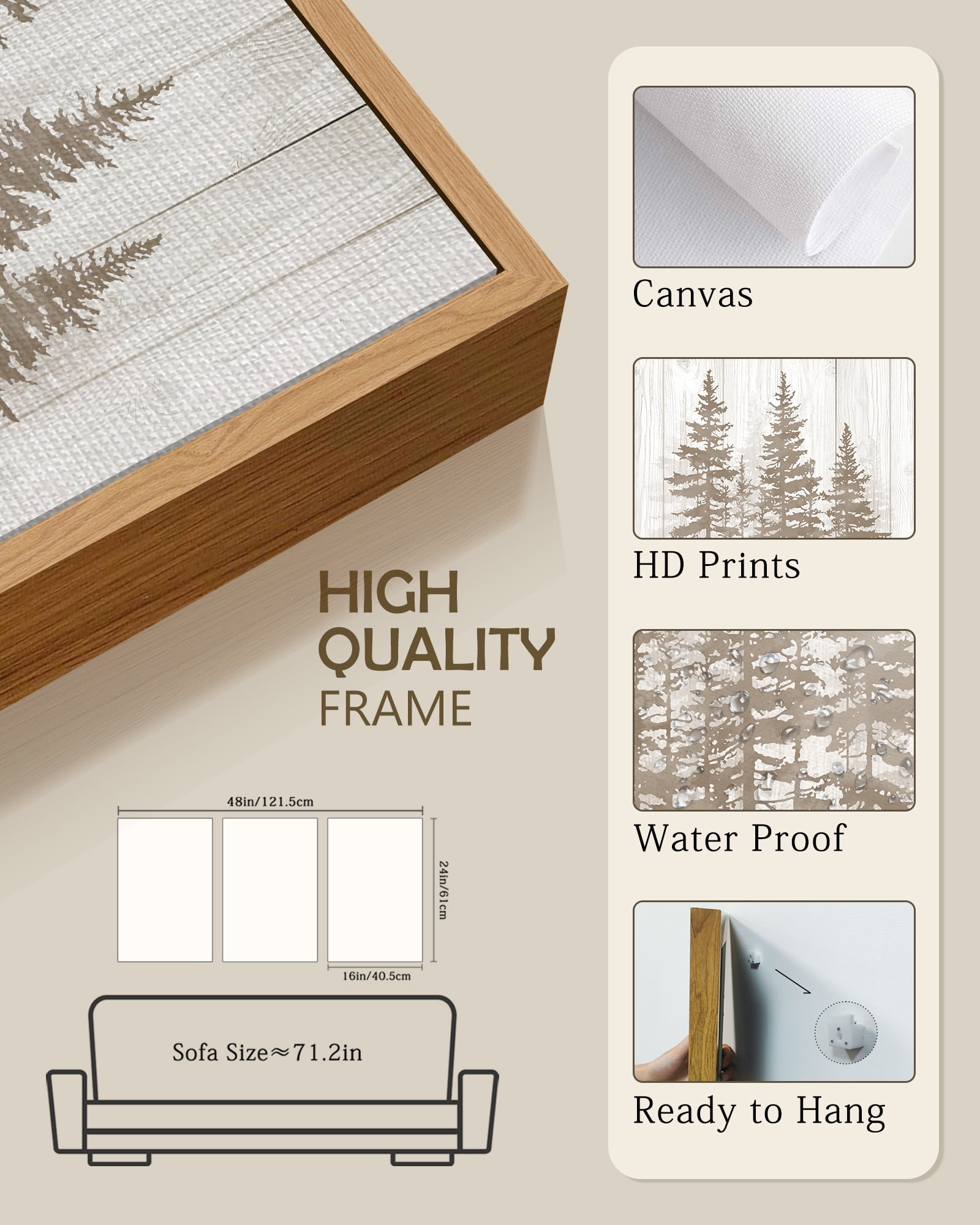 SHENIFY Foggy Pine Tree Wall Art 16x24in3pcs Natural Framed Watercolor Nature Abstract Misty Forests Wall Decor Minimalist Rustic Painting for Bedroom Living Room