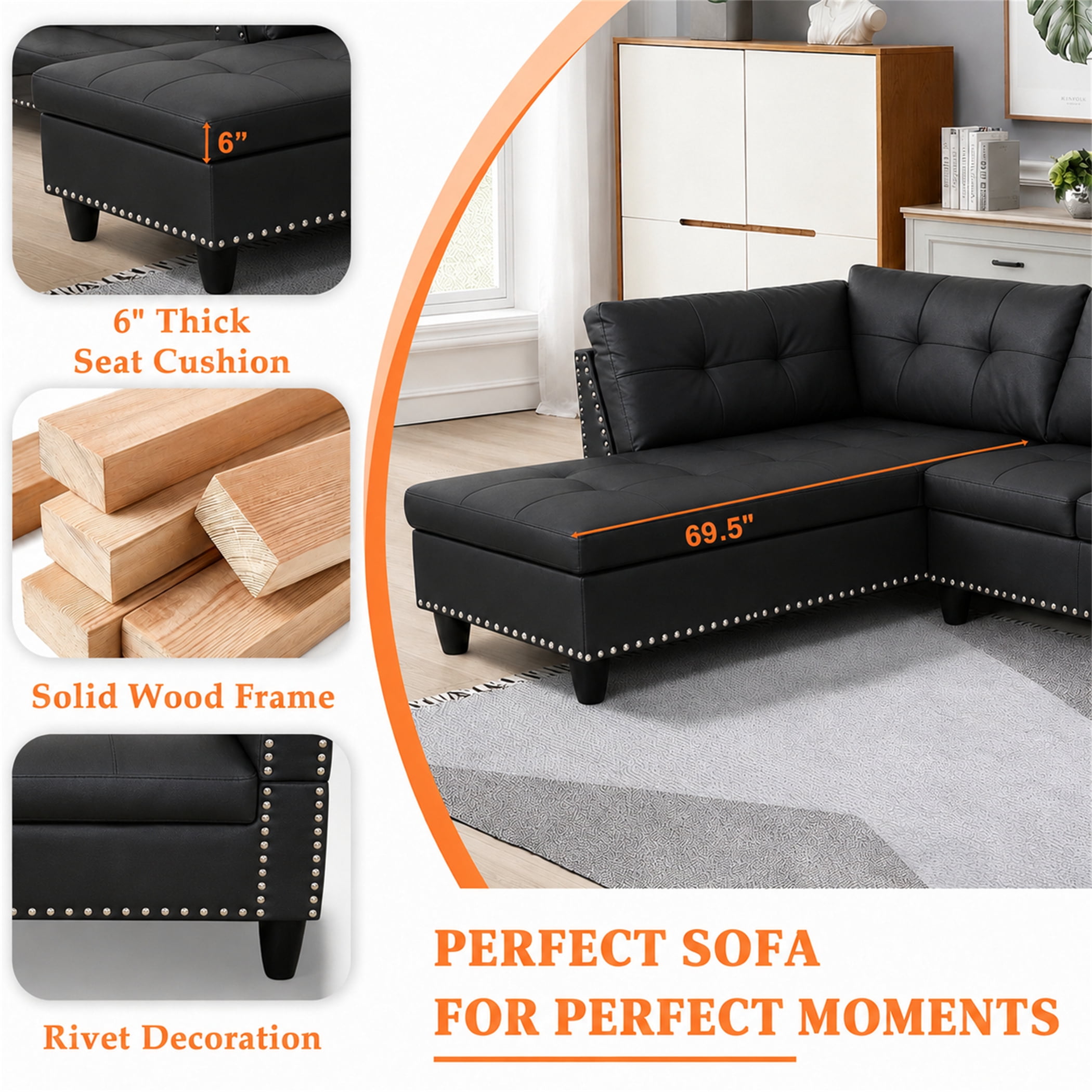 Aukfa 98" L Shaped Sectional Couch with Cup Holder Console, Tufted Back&Nailhead Trim, Oversized Right Chaise Leather Sofa for Living Room, Black