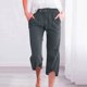 thumbnail image 2 of Pantalones 3/4 de lino para mujer con cordón en la cintura: ligeros, transpirables, de pierna recta; pantalones cortos informales de playa, 2 of 6