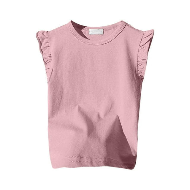 LUOGENLI T Shirt for Girls Girls Ruffle Sleeve T Shirt Solid Color Vest Girls Basic Short Sleeve Long Shirts for Girls Work 7-8Years