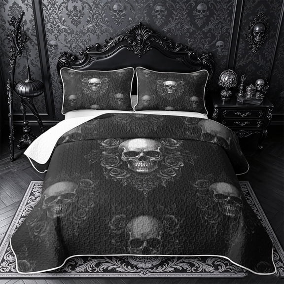 Castle Fairy Gothic Damask Skull Twin Quilt Set,Ornate Baroque Rose Twin Coverlet Set,Black Gray