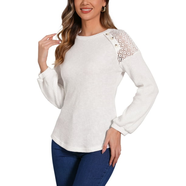 INSPIRE CHIC Camiseta de manga larga de punto con botones y borde de encaje para mujer, color blanco