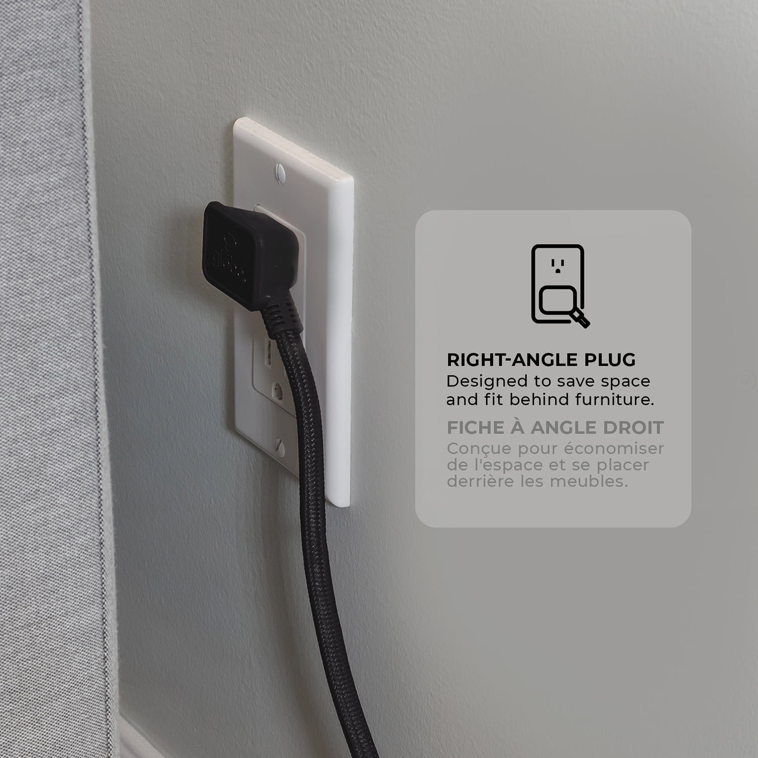 Globe Electric 12 ft. 3-Outlet 16/3 Black Fabric Extension Cord with Right-Angle Plug and Integrated Hanging Hook