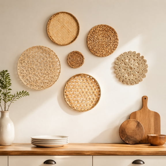 7 Pcs Boho Wall Basket Decor,Wicker Wall Decor,Rattan Wall Decor – Bohemian Woven Plates,Handmade Rustic Wall Art for Farmhouse Bedroom Living Room Kitchen Home Display
