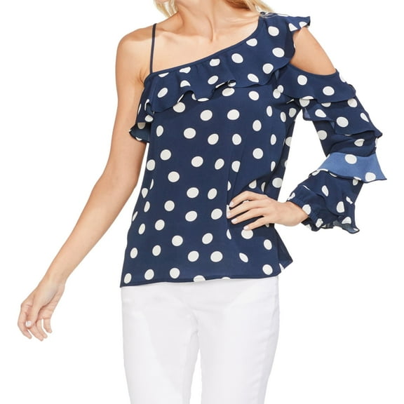 Vince Camuto Womens Asymmetrical Ruffle Pullover Blouse, Blue, X-Small