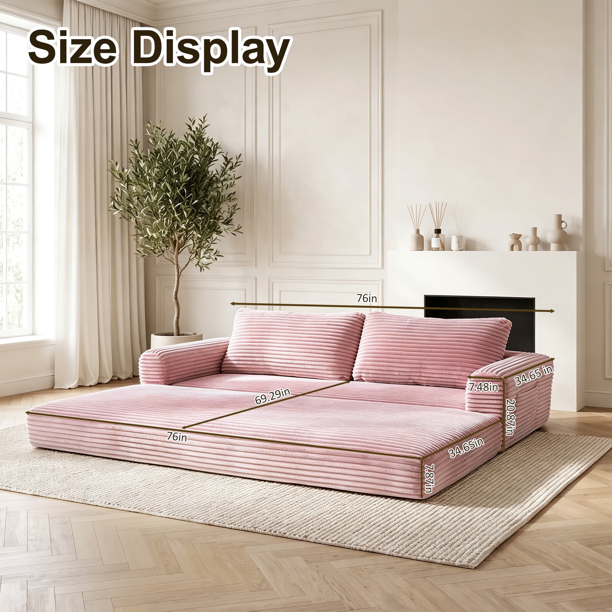 76" Convertible Futon Sofa Bed,Folding Boneless Floor Couch with Deep Seat,Cloud Corduroy Fold Out Sleeper Sofa with Memory Foam Cushion for Living Room,Bedroom,Pink