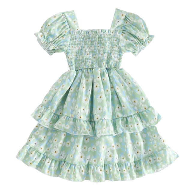 Wxirdiow Robe pour Adolescentes Robe Maxi à Manches Courtes Décontractée Vacances Robe d'Été pour Tout-Petites Vert Taille, 3-4 Ans