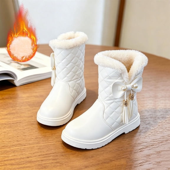 Eltusu Girls Winter Snow Boots, Mid-Calf Warm No Slip Casual Windproof Boots White Size 1 Big Kids