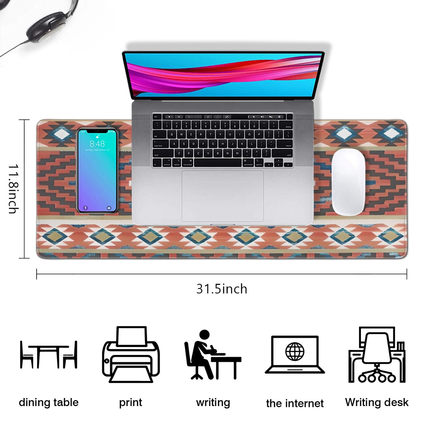 Long Mouse Pads for Desk,Boho Red Southwestern Ethnic Pattern Desk Mats on Top Of Desks, Desk Mouse Pad Extra Large with 3mm Non-Slip Base and Stitched Edge for Gaming,Office,Work,Home 31.5"x11.8"